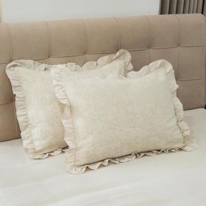 Pillow Shams Set of 2 Linen-Cotton Jacquard Fabric and Washed 100% Cotton Retro Ruffle Flounces Trim Solid Beige Decorative Pillow Cases for Home Bedroom Decor Pillow Covers 20x36 Inch Bed Pillowcases