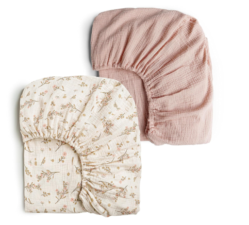 Konssy Muslin Crib Sheets for Girl Boy, 2 PCS Soft and Breathable Cotton Baby Sheets for Standard Crib Mattress, 52"x 28" (Floral, Pink)