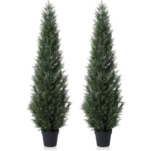 6 Feet Pre-Potted Evergreen Outdoor Artificial Cedar Tree for Front Porch Decor, Outdoor Entryway Decor Fake Tree, Tall Faux Tree with UV Resistant Coating (2 Pack)