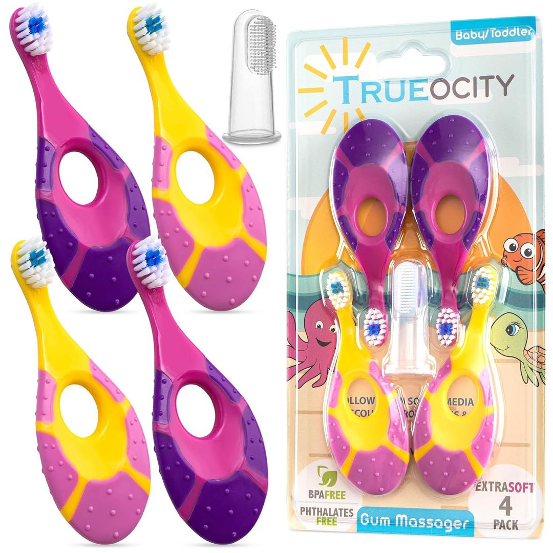 Trueocity Infant Toothbrush Set for Oral Care (12 Months+) Soft Bristles, Small Brush Head, Easy-Grip Handle 4-Pack, Pink & Blue 