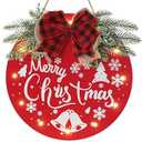 HOMCDALY Merry Christmas Welcome Sign for Front Door, Red X-mas Sign with Light, Holiday Door Decoration Wooden Hanging Sign, Christmas Decoration, Wall Art, Wall Decor(Red)