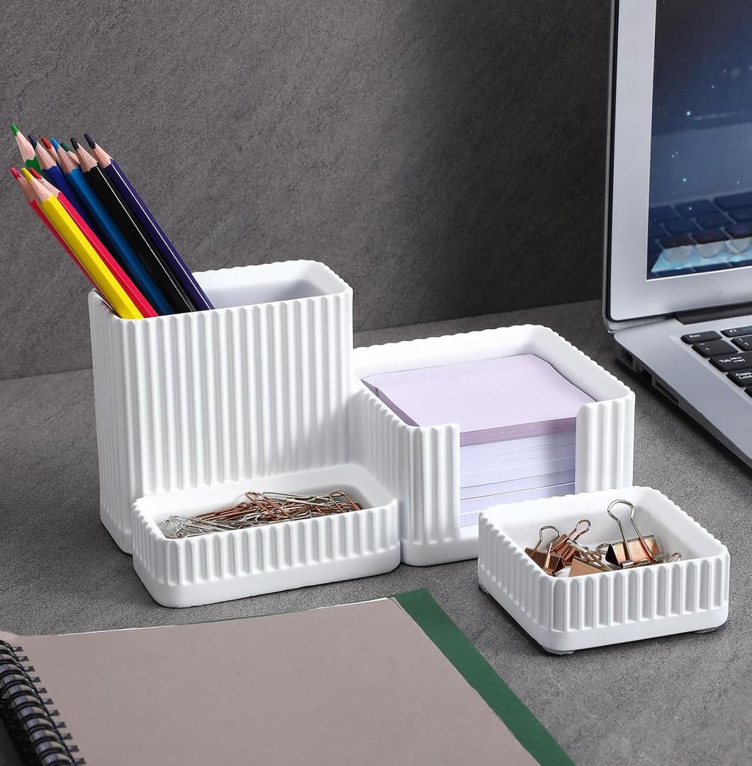 Honeydak Aesthetic Concrete Desktop Organizer Set of 2, 3 Compartments Office Supply Organizer with Sticky Notes Holder Metal Clip Holder, Desk Decor for Women or Men to Enhance Office Decor