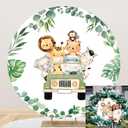 OERJU Safari Round Backdrop Cover Jungle Safari Baby Shower Round Backdrop Safari Animals Truck Theme Birthday Baby Shower Party Decoration Photography Background Kids Boy Arch Photo Booth Props 7.2ft
