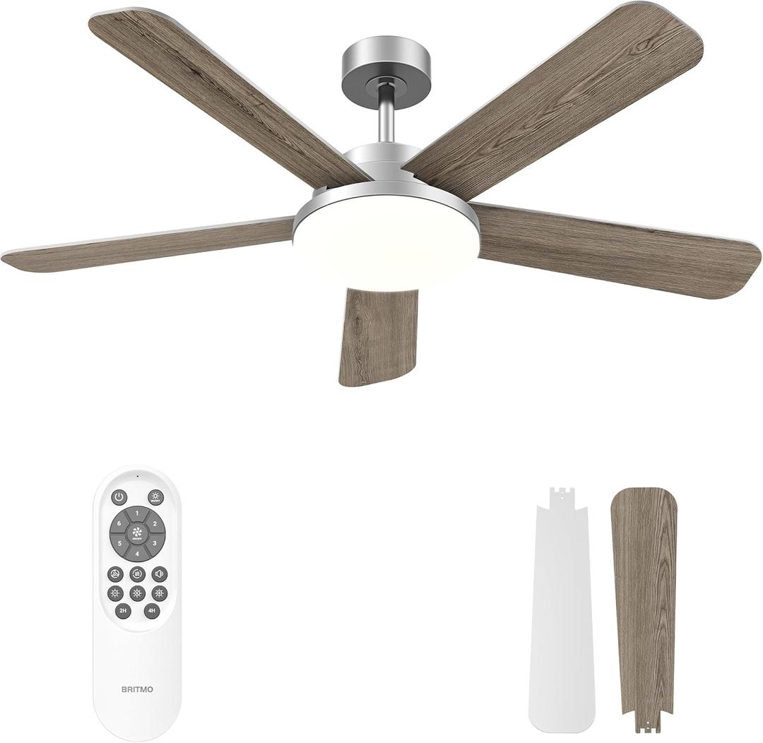 Ceiling Fans with Lights and Remote Control 52 Inch, 6 Speeds, 5 Blades, 2844 LM, 3CCT Dimmable LED, Reversible DC Motor, Black Quick-Fit Low Profile Ceiling Fan for Bedroom Living Room Indoor Outdoor (Silver & Light Gray)