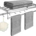 23 Inch Towel Rack with Towel Bar Holder SUS304 Stainless Steel Foldable Towel Shelf with 5 Hooks for Bathroom & Lavatory Wall Mounted (Brushed Nickel)