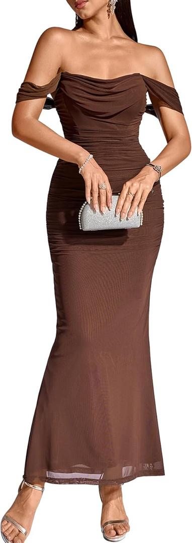 KUTUMAI Off The Shoulder Maxi Long Dress Corset Ruched Bodycon Formal Wedding Guest Dresses for Women (Small, Brown)