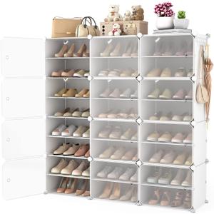 Portable Shoe Rack Organizer with Door, 48 Pairs Shoe Storage Cabinet Easy Assembly, Plastic Adjustable Shoes Organizer Stackable Detachable Free Standing Shoes Rack White