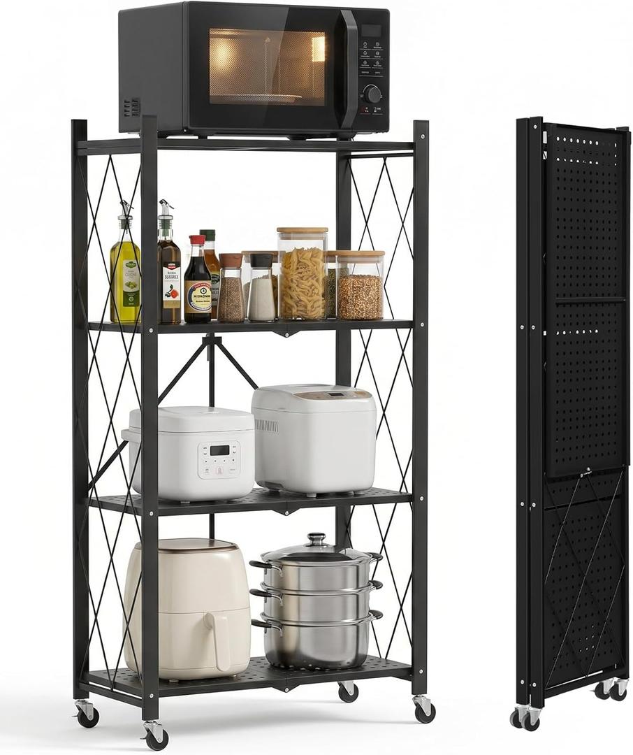 ALANNG Heavy Duty 4-Tier Folding Shelf with Wheels, No Tools Assembly Metal Storage Rack Cart, 264LBS Capacity for Kitchen, Pantry, Laundry Room, Garage, (Black, 1PACK)