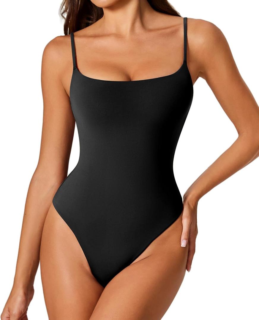 Avidlove Tank Top Bodysuit for Women Square Neck Double Lined Body Suits One Piece Thong Basic Summer Cami Tops (X-Small, Black)