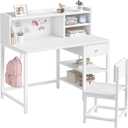 White Kids Desk and Chair Set for 6-12 Year Old, Children Study Desk with Hutch and Storage Shelf, Student Writing Table with Fabric Drawer for Girls Boys