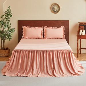 MR&HM Brushed Microfiber Ruffle Skirt Bedspread Set - 30" Long Drop, 3 Piece King, Coral Pink Shabby Chic Style Bed SpreadFrench Country Soft Bedspread and Pillow Shams, Vintage Farmhouse Decor