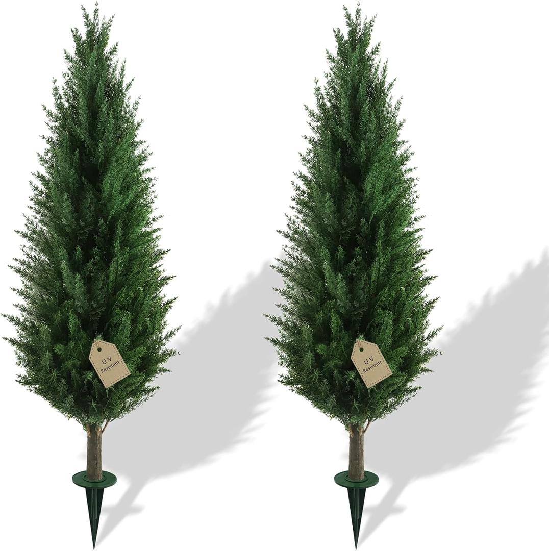 3.3FT Artificial Cedar Topiary Trees Set of 2 with Spike, UV Resistant Fake Plants Bushes Shrubs, Faux Arborvitae Cypress Privacy Tree for Outdoor Indoor Planter, Front Yard Porch Decor Christmas