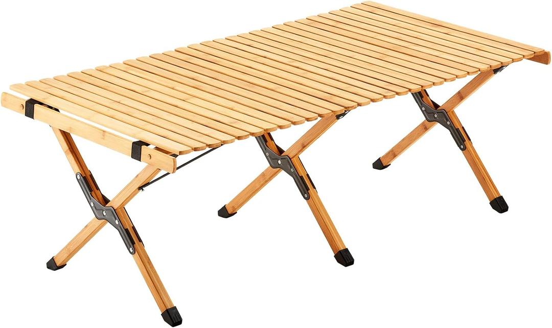 UNICOO Bamboo Folding Picnic Table, Portable Camping Table W/Carry Bag, Low Height Foldable BBQ Roll Up Table, Beach Table for Indoor & Outdoor Party, BBQ and Hiking (4 FT, Nature)