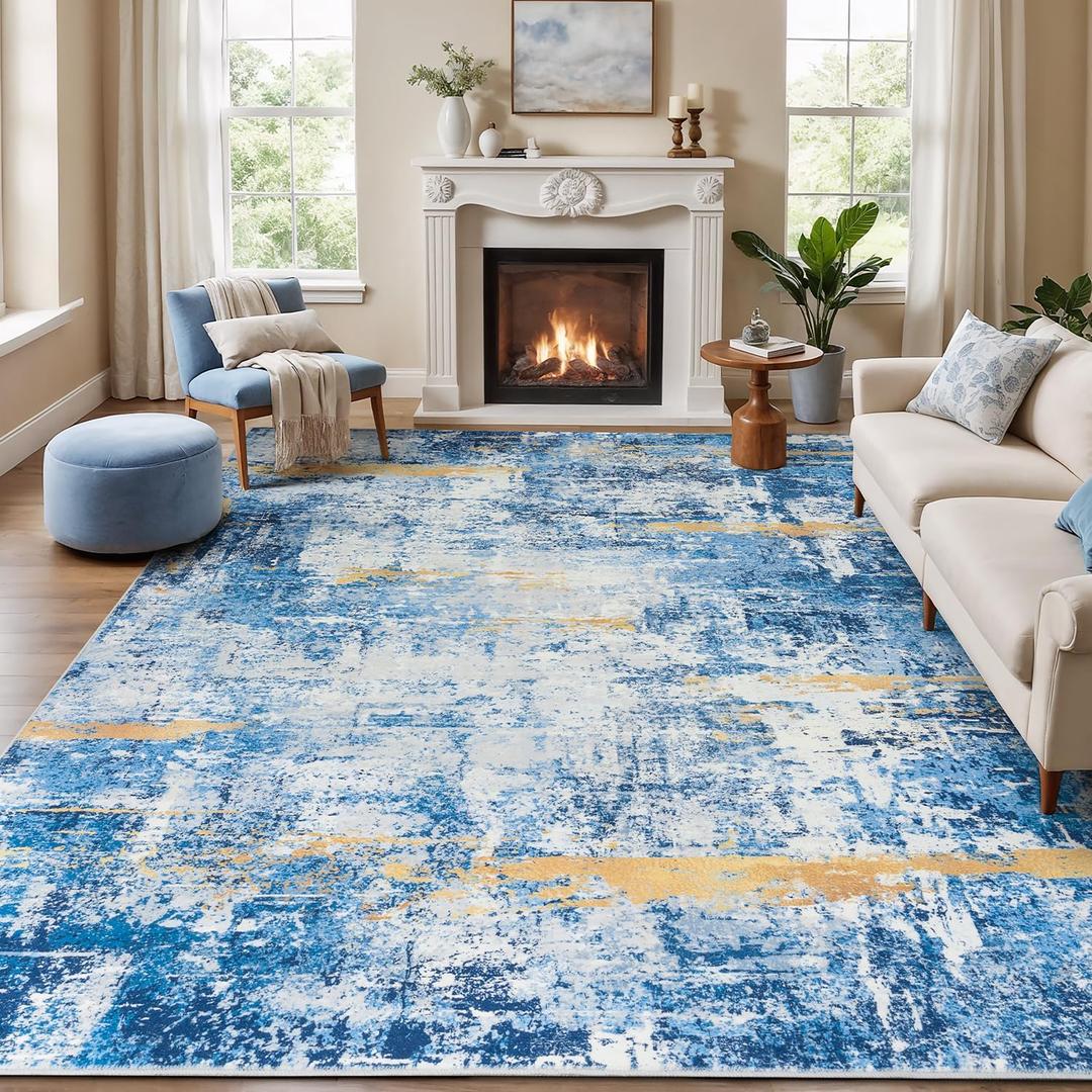 8x10 Area Rugs for Living Room, Washable Sky Blue Gold Large Rug | Machine Washable; Stain-Resistant; Low Pile; Non-Slip; Modern Abstract; Carpet for Bedroom Dining Office Nursery Home