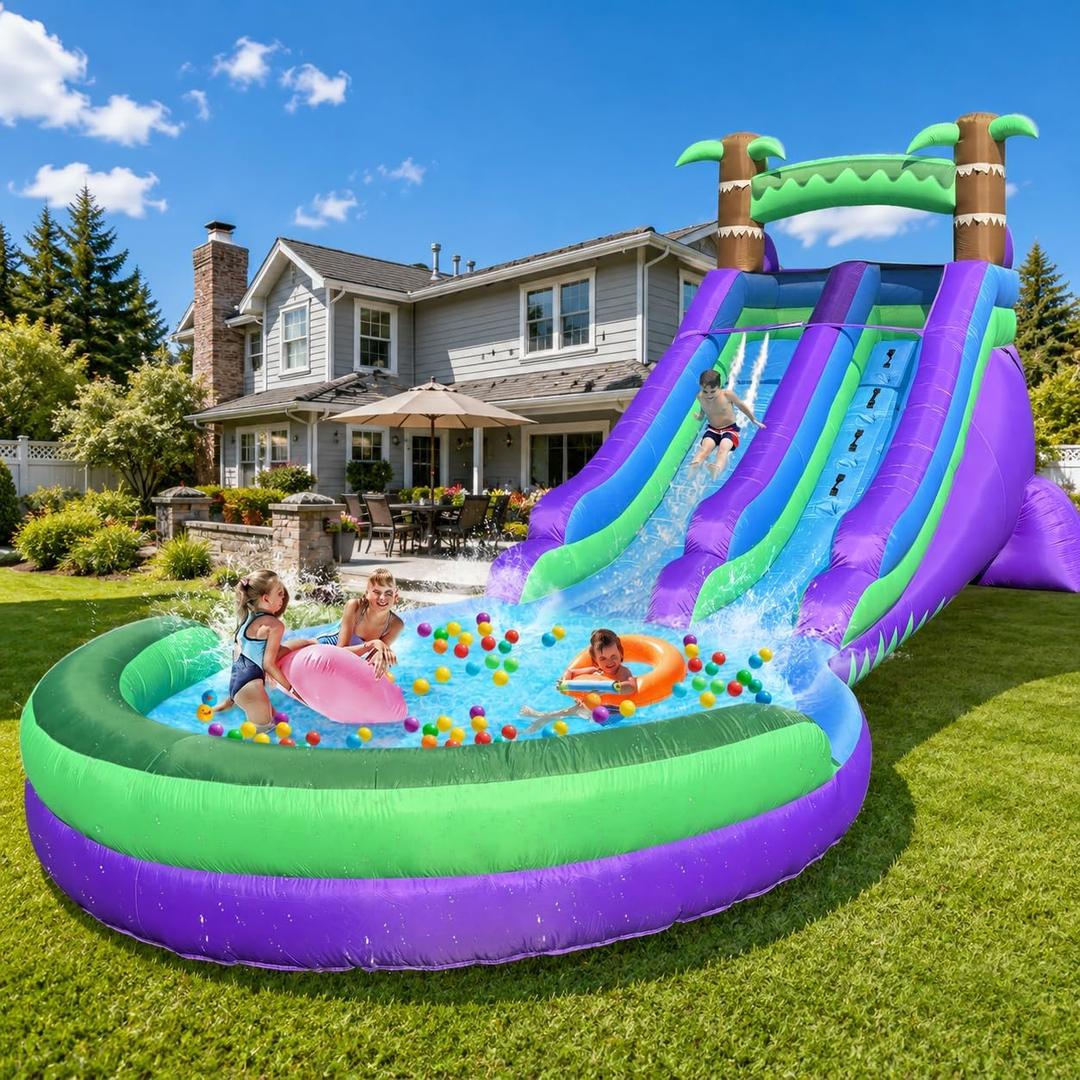 Inflatable Water Slide Backyard with Powerful Blower, Splash Pool & Spray Feature Durable, Easy Setup, Fast Drainage, Summer Outdoor Water Park Fun (Rain Forest), 22.47 x 9.84 x 10.83 inches