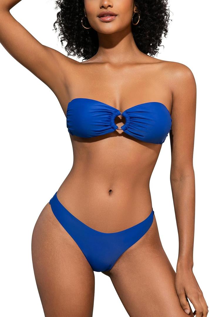 SHEKINI Sexy Women's Bandeau Bikini Set Halter O Ring Strapless Tie Back High Cut Two Piece Swimsuit Bathing Suits (Large)