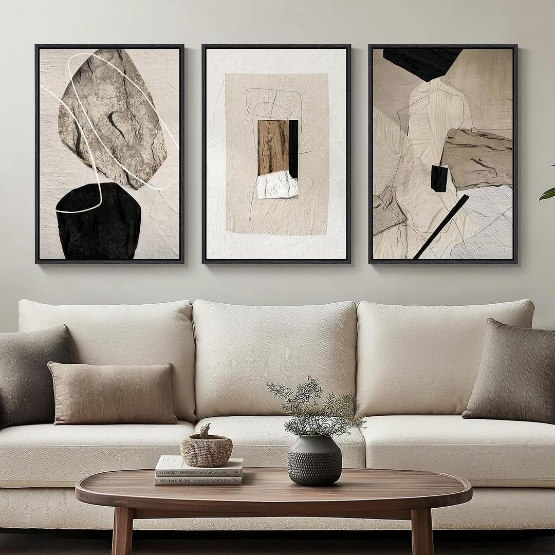 Framed Neutral Abstract Wall Art, Set of 3 Modern Canvas Prints Paintings Artwork for Walls, Minimalist Black and Beige Pictures for Living Room Hallway Stair Bedroom Office Wall Decor 16x24 Inch, 16" W x 24" H x 3Pcs