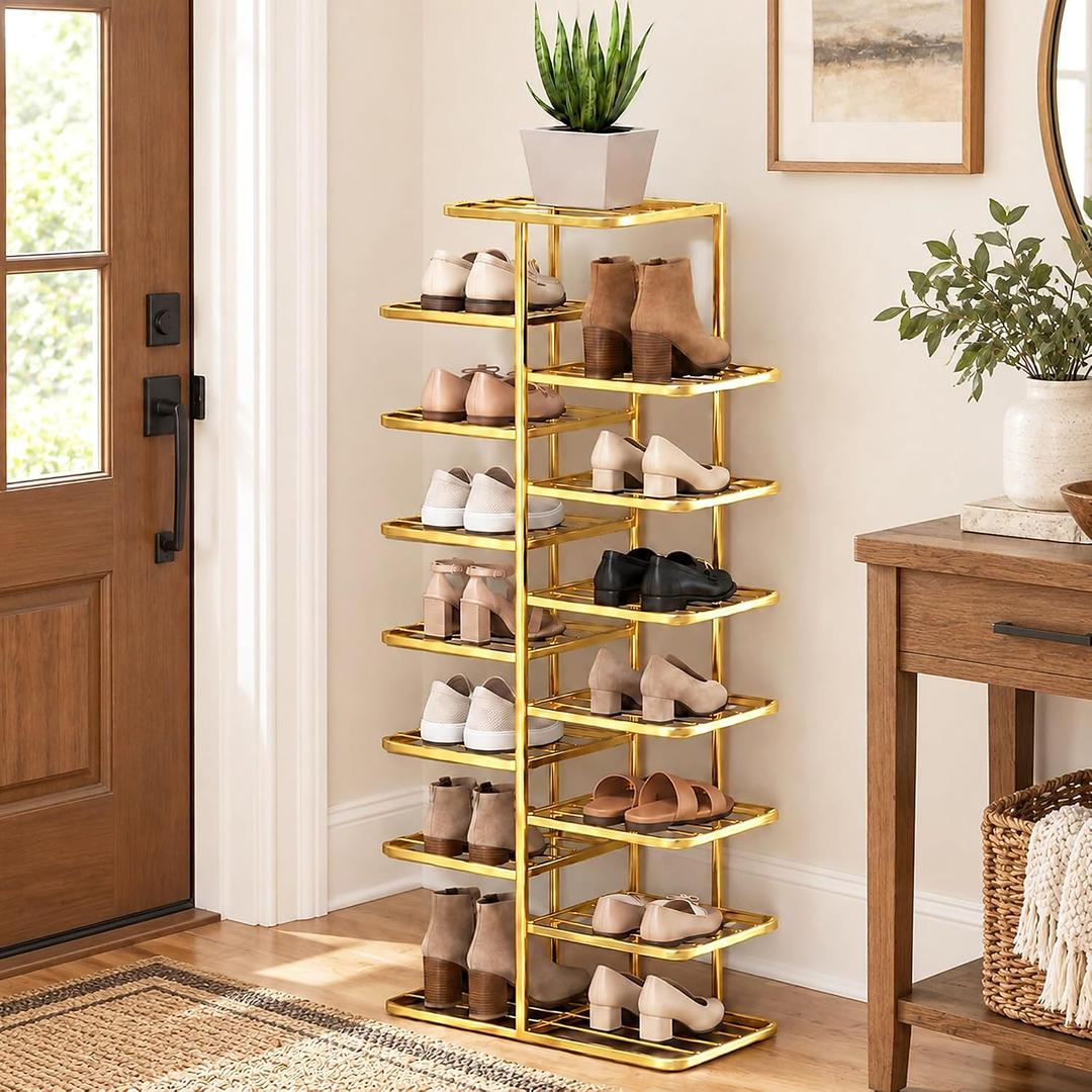 JSWHYBD Gold Shoe Rack Tower, Narrow Metal Organizer for Small Spaces, 8-tier