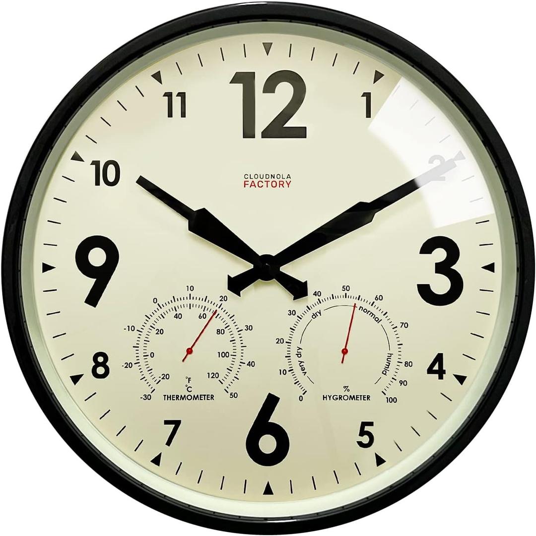 Cloudnola Indoor Outdoor Waterproof Metal Wall Clock with Thermometer and Hygrometer, Black, 12 inch Silent Non-Ticking Battery Operated Quality Quartz Round Clock for Patio and Home Decor