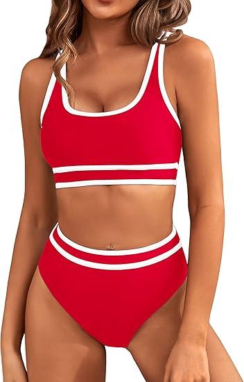 BMJL Women's High Waisted Bikini Sets Sporty Two Piece Swimsuits Color Block Cheeky High Cut Bathing Suits (Red, X-Large)