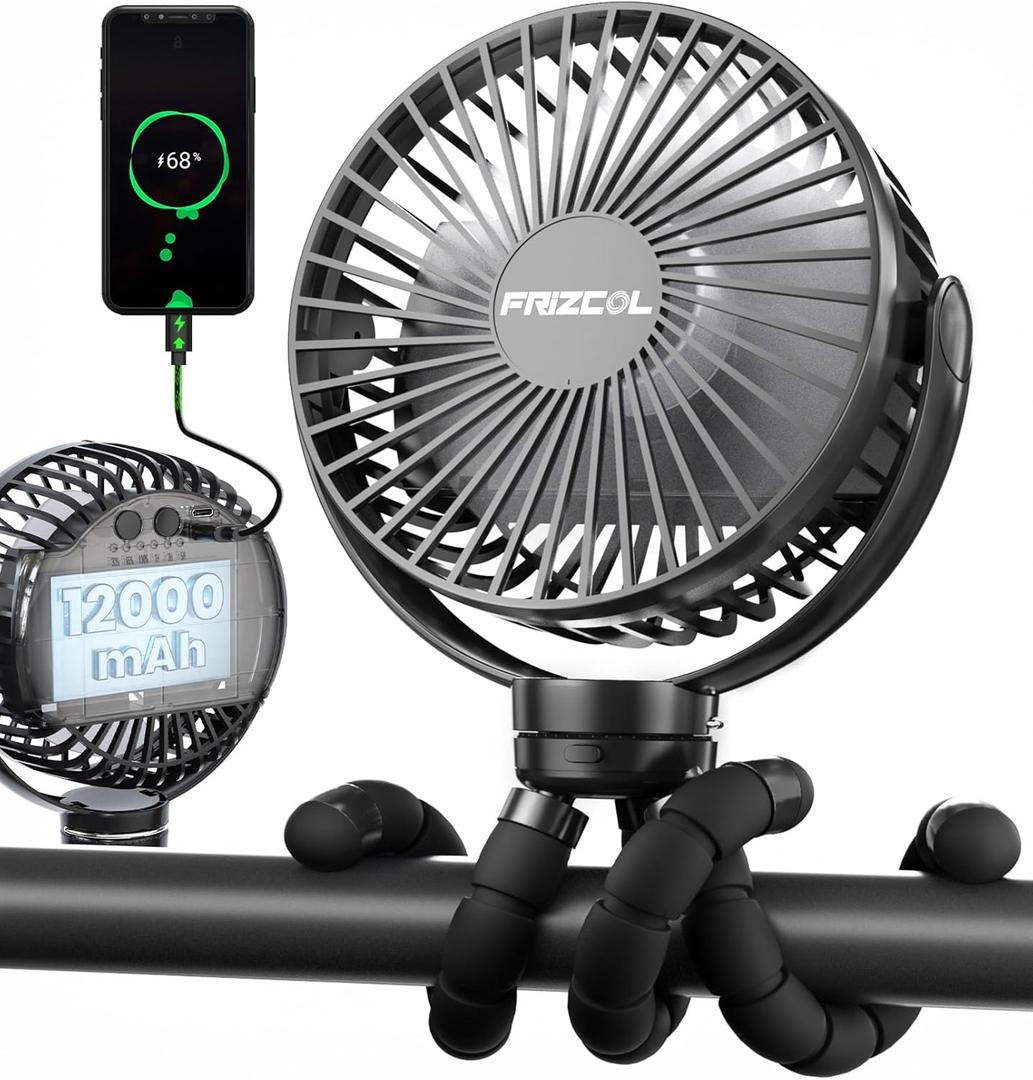 FRIZCOL Portable Stroller Fan, Use As Power Bank, 65H 12000mAh Battery Operated Fan Flexible Tripod Baby Car Seat Fans with Timming, Personal Mini Handheld/Desk/Small Clip On Fans For Stroller (Black)