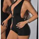 Floerns Women's Deep V Neck Halter Unitard Sleeveless Backless One Piece Short Jumpsuit Brown Large