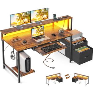 AODK Computer Desk with Drawers and Keyboard Tray, 55" Office Desk with Power Outlet and LED Lights, Reversible Study Work Desk with Printer Shelf and PC Stand for Home Office, Vintage