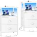 Furologee Nightstands Set of 2, End Tables Set of 2 with Charging Station and LED Lights, White Night Stands with 2 Fabric Drawers, Bedside Tables for Living Room/Bedroom