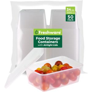 Freshware Food Storage Containers [50 Set] 34 oz Plastic Deli Containers with Lids, Slime, Soup, Meal Prep Containers, BPA Free, Stackable, Leakproof, Microwave, Dishwasher and Freezer Safe (Clear)