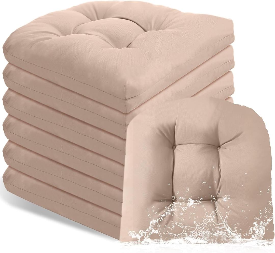 Thyle Outdoor Chair Cushions Set of 6 Waterproof Sun Protection Square Tufted Overstuffed Patio Furniture Seat Cushion for Patio Furniture Dining Indoor 19" x 19"(Khaki), 19 inches x 19 inches x 3.94 inches