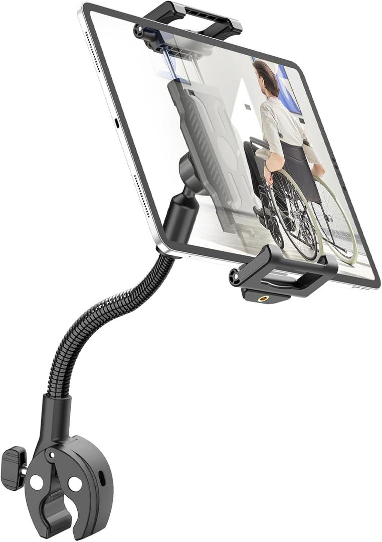 Gooseneck Tablet Holder Wheelchair & Hospital Bed, Clamps 0.55-1.77" Tubes, Fits Rehab Equipment Handlebars Thick Case Friendly for iPad Pro Air Mini, Galaxy, Fire HD, 5.5-15.6-inch Devices