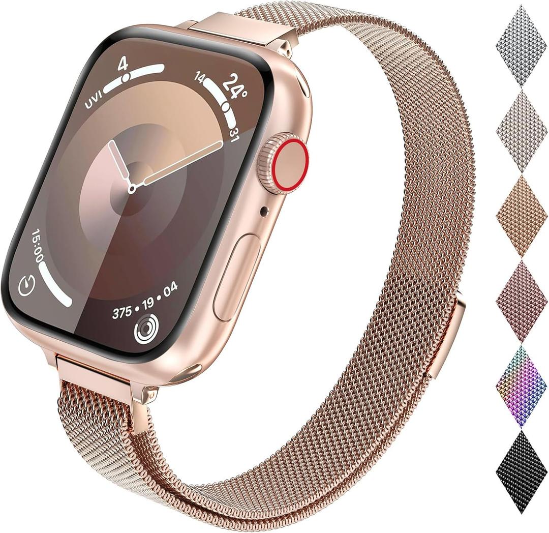Compatible with Apple Watch Band 38mm 40mm 41mm 42mm 44mm 45mm 49mm, Stainless Steel Slim & Thin Milanese Magnetic Clasp Strap Women and Men Replacement Band for iWatch Series SE 9 8 7 6 5 4 3 2 1 (A-Champagne Gold)