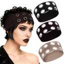 3 Pack Grommet Headband For Women, Hollow Out Eyelet Headbands Y2K Punk Grunge Wide Hair Bands Stretchy Fashion Hair Accessory for Halloween party