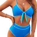 Blooming Jelly Womens High Waisted Bikini Set Tie Knot High Rise Two Piece Swimsuits Bathing Suits (Blue, L)