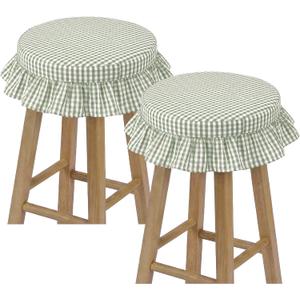 2 Pcs Bar Stool Covers with Ruffles 12 Inch Round Stool Cover with Elastic Band Pad Farmhouse Seat Slipcover Nonslip and Washable(Green,Gingham)