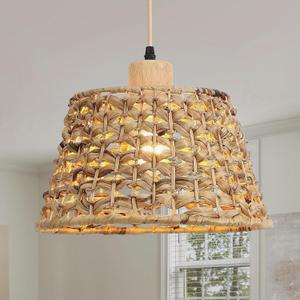 Rattan Boho Pendant Light, 12" 1-Light Hand-Woven Wicker Pendant Light with Water Hyacinth Shade, Natural Coastal Cone Hanging Light for Kitchen Island Sink Dining Room (Brown)