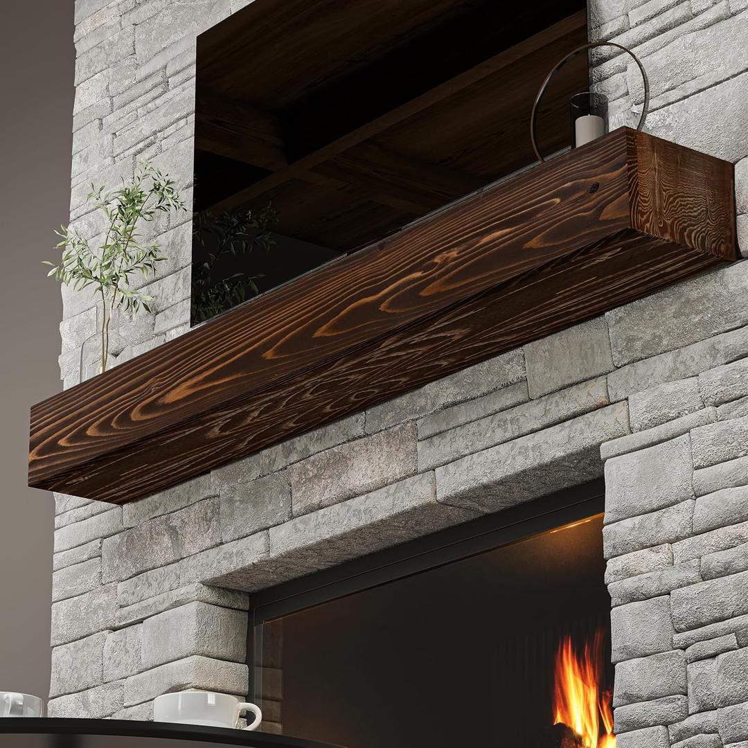 BoscoMondo Fireplace Mantel, Handcrafted Rustic from Solid Pine, Wall-Mounted Floating Farmhouse Shelf - 8x6x66 Brown