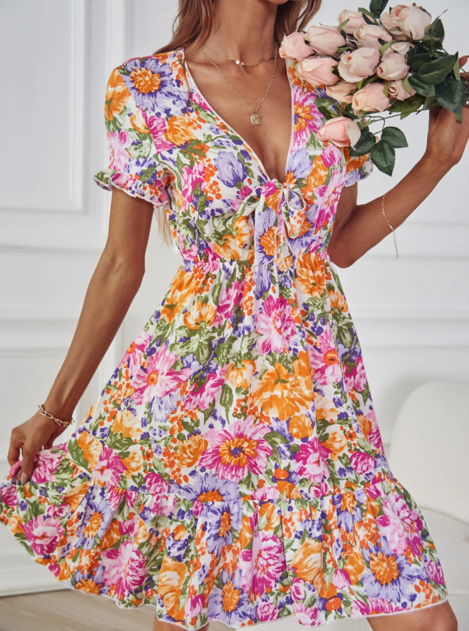 Allover Floral Print Tie Front Flounce Sleeve Ruffle Hem Dress Size S