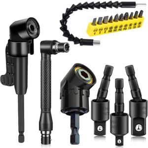 17 Pcs Flexible Drill Bit Extension 105 Degree Right Angle Drill Adapter,360 Rotatable 1/4 3/8 1/2" Impact Grade Socket Adapter Set,90 Angled Bits,Super Bit Shaft Extension Bits,Screwdriver Bit Set