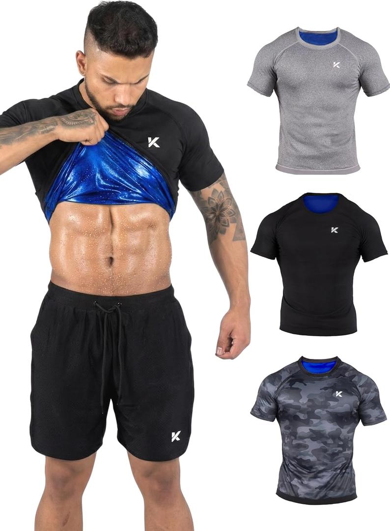 Kewlioo Sauna Shirt for Men - Heat Trapping Sweat Vest, Sauna Suit For Men, Compression Workout Sweat Suit for Gym, Workouts (Large, 3 Pack)