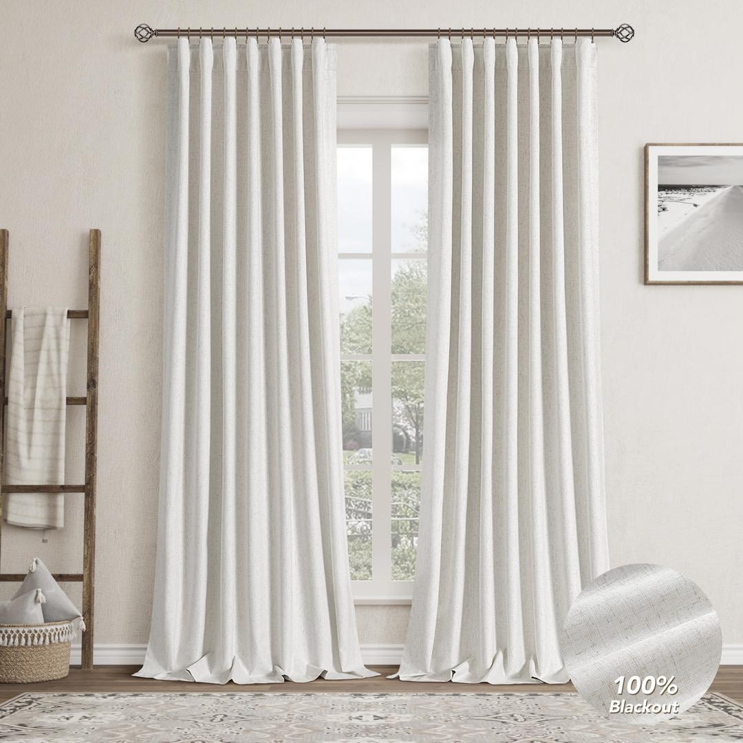 Natural Linen 100% Blackout Curtains for Bedroom 94 Inch Length 2 Panels Set Back Tab Cream Neutral Farmhouse Living Room Darkening Curtain Track System Thermal Insulated Black Out Drapes 52x94