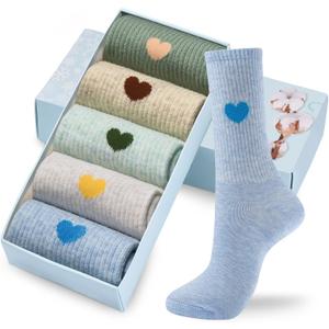 Corlap Women's Cotton Crew Calf Socks - 5 Pairs Ankle High Dress Casual Socks, Fun Cute Heart Gifts for Mom Mother