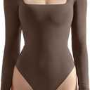 SUUKSESS Women Square Neck Long Sleeve Bodysuit Sexy Thong Bodysuit Shirts (Medium, 01 Brown)