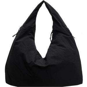Large Hobo Shoulder Bag for Women Nylon Slouchy Bag Fashion Casual Draped Tote Bag, Black