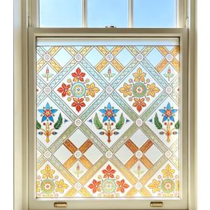 Coavas Stained Glass Window Film Decorative Privacy Cling for Home Bathroom & Front Door, 3D Floral Design, UV Blocking, Heat Control, Non-Adhesive, Reusable, Yellow, 23.6" x 35.4"
