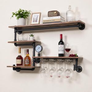 Bar Liquor Shelves, Industrial Pipe Shelving Wine Rack Wall Mounted with 4 Stem Glass Holder, Rustic Floating Pipe Shelf