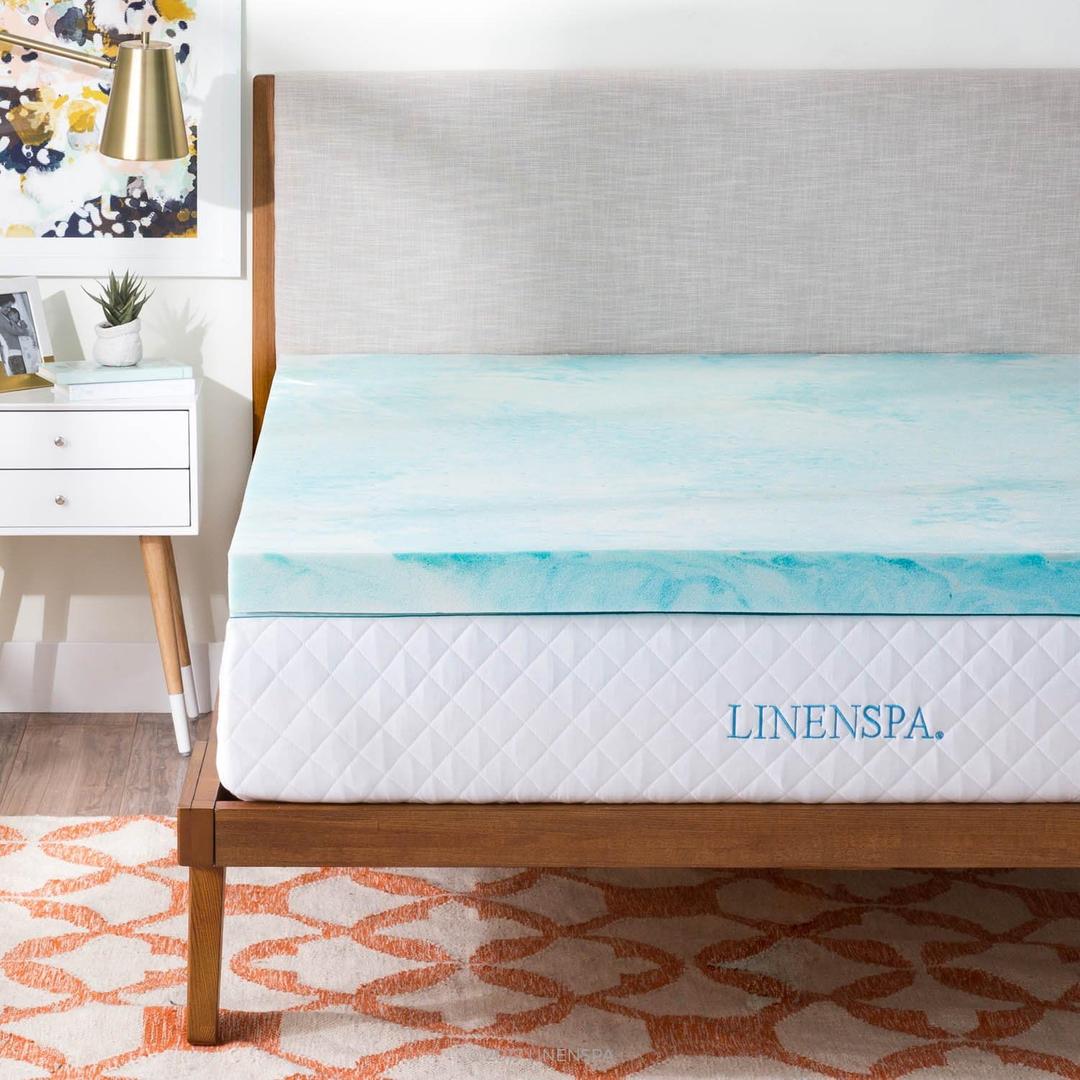 LINENSPA 3 Inch Gel Swirl Memory Foam Mattress Topper  Cooling Gel Infused  Pressure Relieving  CertiPUR Certified - Queen