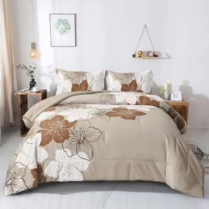 Menghomeus Brown Comforter Set Queen Taupe Floral Comforter Khaki Botanical Bedding Sets, Soft Bed Comforter Set for All Season (1 Comforter, 2 Pillowcases)