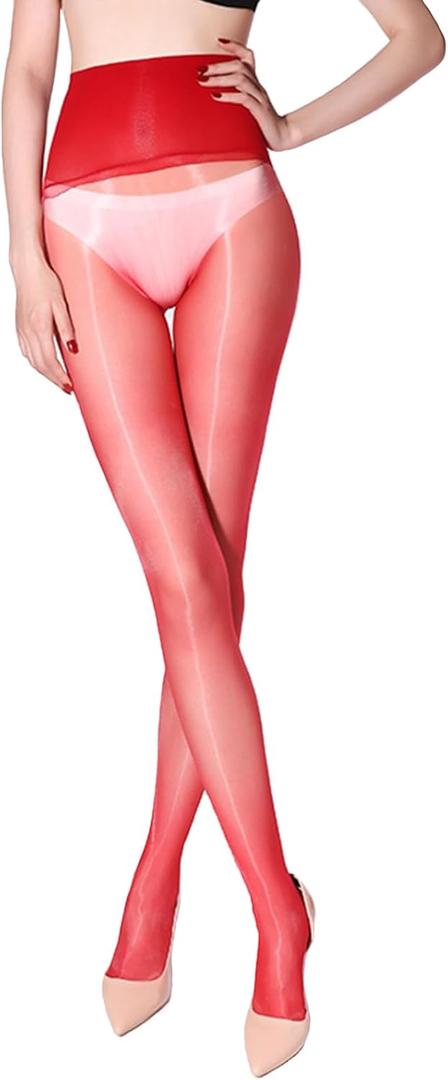 GOCBOBO Women's Oil Shiny Seamless Pantyhose 5 Denier 360 Seamless Crotch Ultra-Thin Sheer Tights Silky Control Top Stockings (Red)