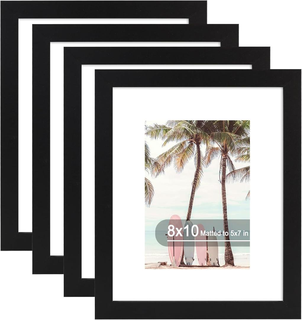 Hongkee 8x10 Picture Frame (4 Pack, Black) Made of Real Glass and Wooden Frame - Display Pictures 5x7 with Mat or 8x10 Without Mat, 8 by 10 Photo Frames TableTop Display and Wall Mounting